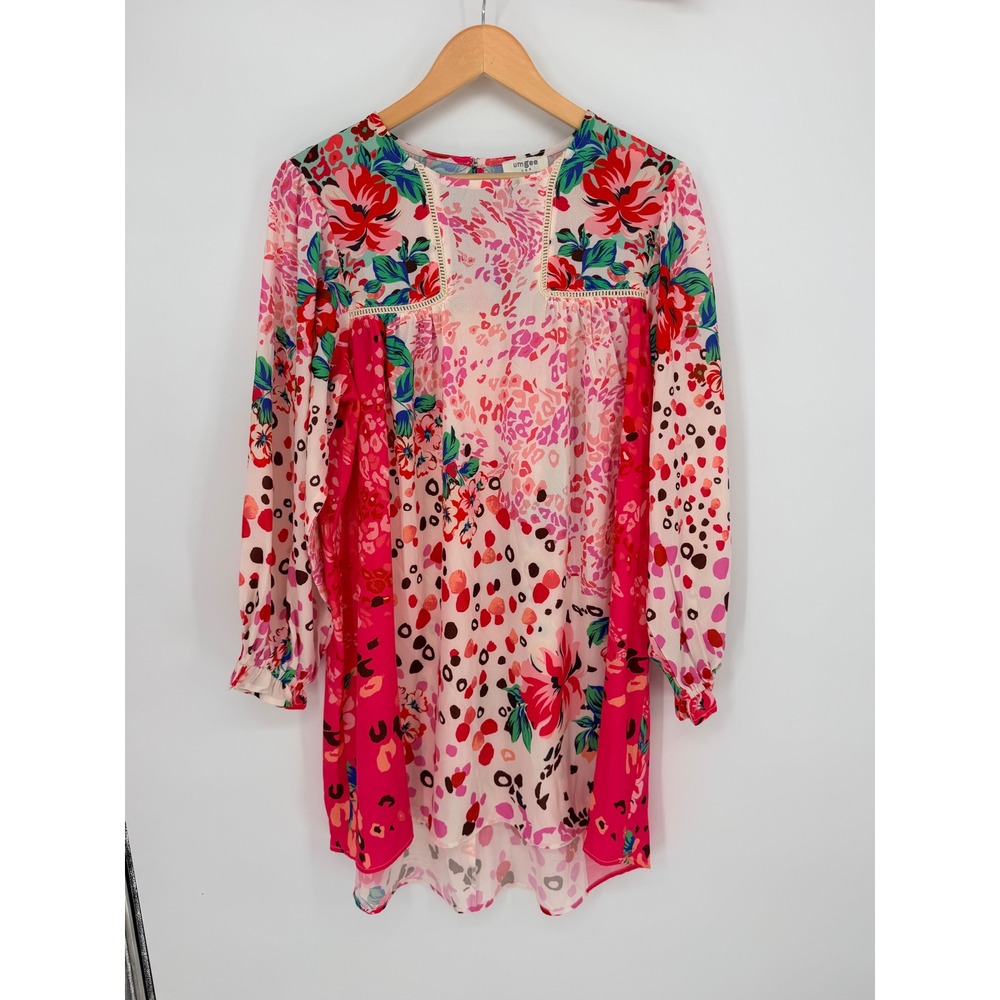 Umgee Mixed Print Tunic Dress Medium Pink Floral‎ Animal Boho Chic Festival
